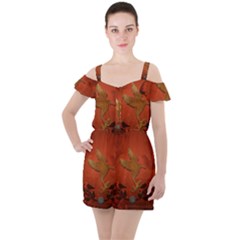Elegant Decorative Bird Ruffle Cut Out Chiffon Playsuit by FantasyWorld7