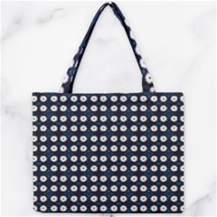 White Flower Pattern On Dark Blue Mini Tote Bag by BrightVibesDesign