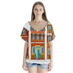 City Buildings Brick Architecture V-neck Flutter Sleeve Top by Simbadda