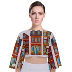 City Buildings Brick Architecture Tie Back Butterfly Sleeve Chiffon Top by Simbadda
