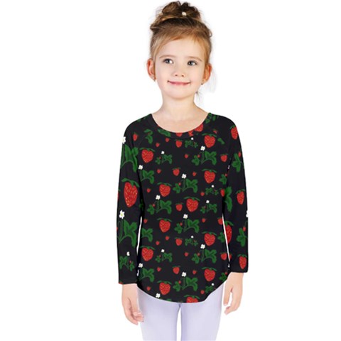 Strawberries Pattern Kids  Long Sleeve Tee by bloomingvinedesign