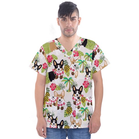Corgis Pattern Men s V-neck Scrub Top by Sudhe