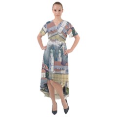 Architecture Old Sky Travel Front Wrap High Low Dress by Simbadda