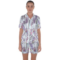 Vector Illustration Seamless Multicolored Pattern Feathers Birds Satin Short Sleeve Pyjamas Set by Vaneshart