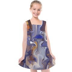 Cobalt Blue Silver Orange Wavy Lines Abstract Kids  Cross Back Dress by CrypticFragmentsDesign