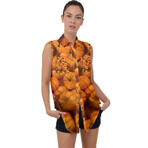 Mini Pumpkins Sleeveless Chiffon Button Shirt by bloomingvinedesign