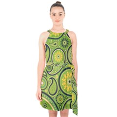 Texture Leaf Pattern Line Green Color Colorful Yellow Circle Ornament Font Art Illustration Design  Halter Collar Waist Tie Chiffon Dress by Vaneshart