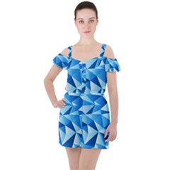 Triangles Abstract Blue Ruffle Cut Out Chiffon Playsuit by Vaneshart