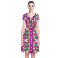 Red Rhombus And Other Shapes                                             Short Sleeve Front Wrap Dress by LalyLauraFLM
