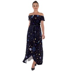 Starry Night  Space Constellations  Stars  Galaxy  Universe Graphic  Illustration Off Shoulder Open Front Chiffon Dress by Vaneshart