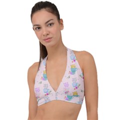 Cute Cat Coffee Cup Morning Times Seamless Pattern Halter Plunge Bikini Top by Vaneshart