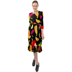 Vector Seamless Summer Fruits Pattern Black Background Ruffle End Midi Chiffon Dress by Vaneshart