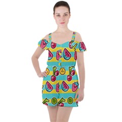 Summer Fruits Patterns Ruffle Cut Out Chiffon Playsuit by Vaneshart