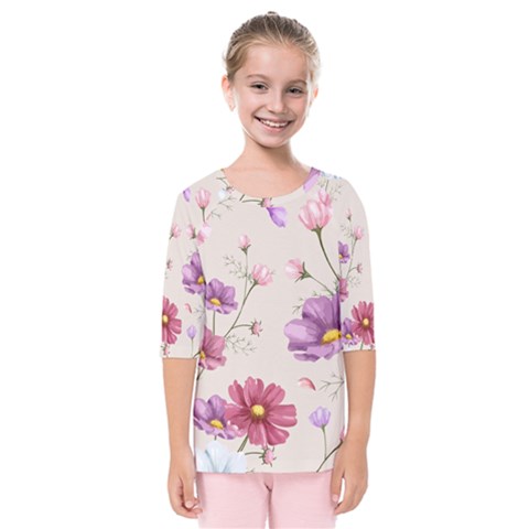 Vector Hand Drawn Cosmos Flower Pattern Kids  Quarter Sleeve Raglan Tee by Sobalvarro