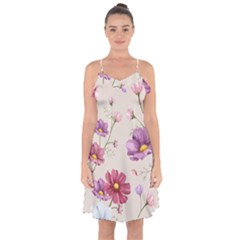 Vector Hand Drawn Cosmos Flower Pattern Ruffle Detail Chiffon Dress by Sobalvarro