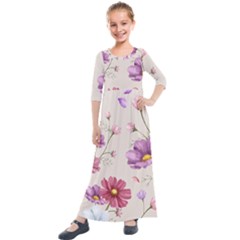 Vector Hand Drawn Cosmos Flower Pattern Kids  Quarter Sleeve Maxi Dress by Sobalvarro