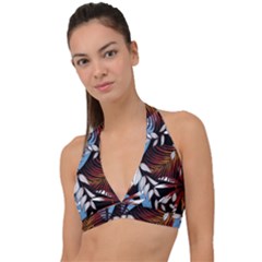 Trending Abstract Seamless Pattern With Colorful Tropical Leaves Plants Black Halter Plunge Bikini Top by Vaneshart