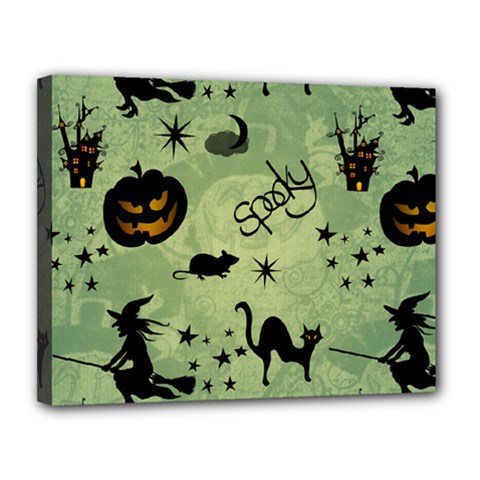 Funny Halloween Pattern With Witch, Cat And Pumpkin Canvas 14  X 11  (stretched) by FantasyWorld7
