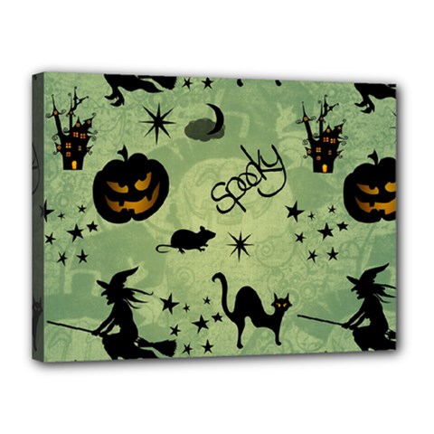Funny Halloween Pattern With Witch, Cat And Pumpkin Canvas 16  X 12  (stretched) by FantasyWorld7