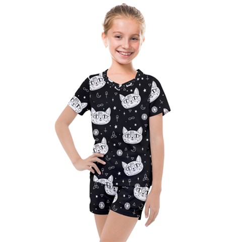 Gothic Cat Kids  Mesh Tee And Shorts Set by Valentinaart