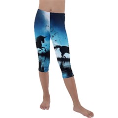 Wonderful Unicorn Silhouette In The Night Kids  Lightweight Velour Capri Leggings  by FantasyWorld7
