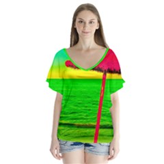 Pop Art Beach Umbrella V-neck Flutter Sleeve Top by essentialimage