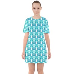 Teal White  Abstract Pattern Sixties Short Sleeve Mini Dress by BrightVibesDesign
