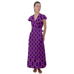 Pink Black Abstract Pattern Flutter Sleeve Maxi Dress by BrightVibesDesign