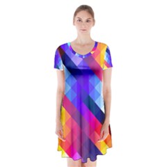 Abstract Blue Background Colorful Pattern Short Sleeve V-neck Flare Dress by HermanTelo