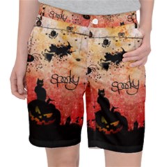 Funny Halloween Design, Cat, Pumpkin And Witch Pocket Shorts by FantasyWorld7