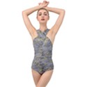 Marble neon retro light gray with gold yellow veins texture floor background retro neon 80s style neon colors print luxuous real marble Cross Front Low Back Swimsuit View1