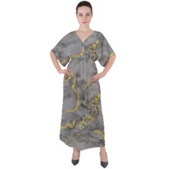 Marble Neon Retro Light Gray With Gold Yellow Veins Texture Floor Background Retro Neon 80s Style Neon Colors Print Luxuous Real Marble V-neck Boho Style Maxi Dress by genx