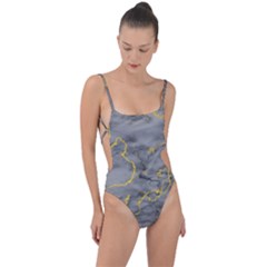 Marble Neon Retro Light Gray With Gold Yellow Veins Texture Floor Background Retro Neon 80s Style Neon Colors Print Luxuous Real Marble Tie Strap One Piece Swimsuit by genx
