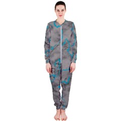 Marble Light Gray With Bright Cyan Blue Veins Texture Floor Background Retro Neon 80s Style Neon Colors Print Luxuous Real Marble Onepiece Jumpsuit (ladies)  by genx