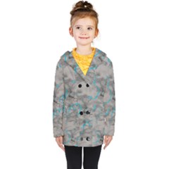 Marble Light Gray With Bright Cyan Blue Veins Texture Floor Background Retro Neon 80s Style Neon Colors Print Luxuous Real Marble Kids  Double Breasted Button Coat by genx