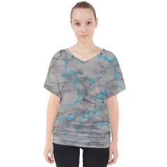 Marble Light Gray With Bright Cyan Blue Veins Texture Floor Background Retro Neon 80s Style Neon Colors Print Luxuous Real Marble V-neck Dolman Drape Top by genx
