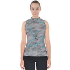 Marble Light Gray With Bright Cyan Blue Veins Texture Floor Background Retro Neon 80s Style Neon Colors Print Luxuous Real Marble Mock Neck Shell Top by genx