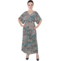 Marble light gray with bright cyan blue veins texture floor background retro neon 80s style neon colors print luxuous real marble V-Neck Boho Style Maxi Dress View1