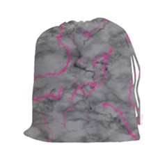 Marble Light Gray With Bright Magenta Pink Veins Texture Floor Background Retro Neon 80s Style Neon Colors Print Luxuous Real Marble Drawstring Pouch (2xl) by genx