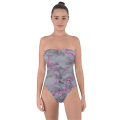 Marble Light Gray With Bright Magenta Pink Veins Texture Floor Background Retro Neon 80s Style Neon Colors Print Luxuous Real Marble Tie Back One Piece Swimsuit by genx