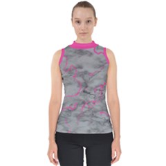 Marble Light Gray With Bright Magenta Pink Veins Texture Floor Background Retro Neon 80s Style Neon Colors Print Luxuous Real Marble Mock Neck Shell Top by genx