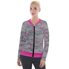 Marble Light Gray With Bright Magenta Pink Veins Texture Floor Background Retro Neon 80s Style Neon Colors Print Luxuous Real Marble Velour Zip Up Jacket by genx