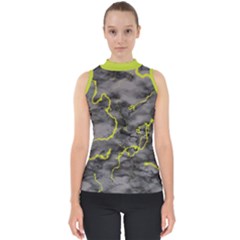 Marble Light Gray With Green Lime Veins Texture Floor Background Retro Neon 80s Style Neon Colors Print Luxuous Real Marble Mock Neck Shell Top by genx