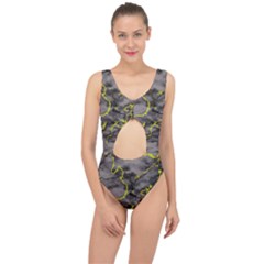 Marble Light Gray With Green Lime Veins Texture Floor Background Retro Neon 80s Style Neon Colors Print Luxuous Real Marble Center Cut Out Swimsuit by genx