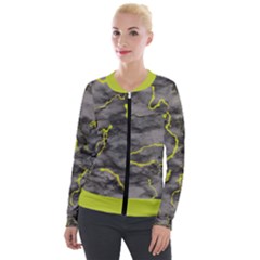 Marble Light Gray With Green Lime Veins Texture Floor Background Retro Neon 80s Style Neon Colors Print Luxuous Real Marble Velour Zip Up Jacket by genx