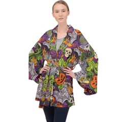 Halloween Doodle Vector Seamless Pattern Long Sleeve Velvet Kimono  by Sobalvarro