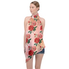 Pattern Flower Paper Halter Asymmetric Satin Top by HermanTelo