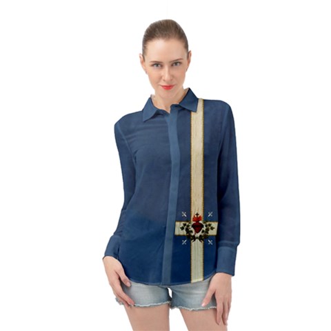 Quebec Flag Drapeau Québec Patriote Carillon Sacré-coeur Christian Catholic Old Vintage With Fleurs De Lys Long Sleeve Chiffon Shirt by Quebec
