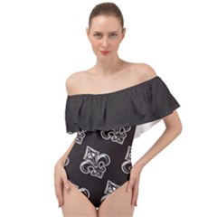 French France Fleur De Lys Metal Pattern Black And White Antique Vintage Black Rocker Off Shoulder Velour Bodysuit  by Quebec