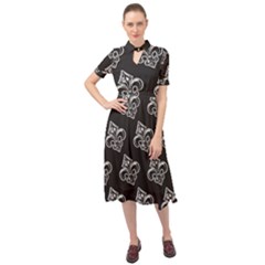 French France Fleur De Lys Metal Pattern Black And White Antique Vintage Black Rocker Keyhole Neckline Chiffon Dress by Quebec
